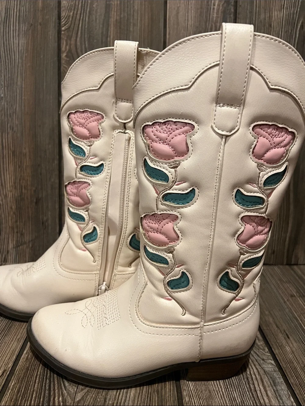 Source Unknown Cream Kids Western Boots with Pink & Teal Floral Appliqué
